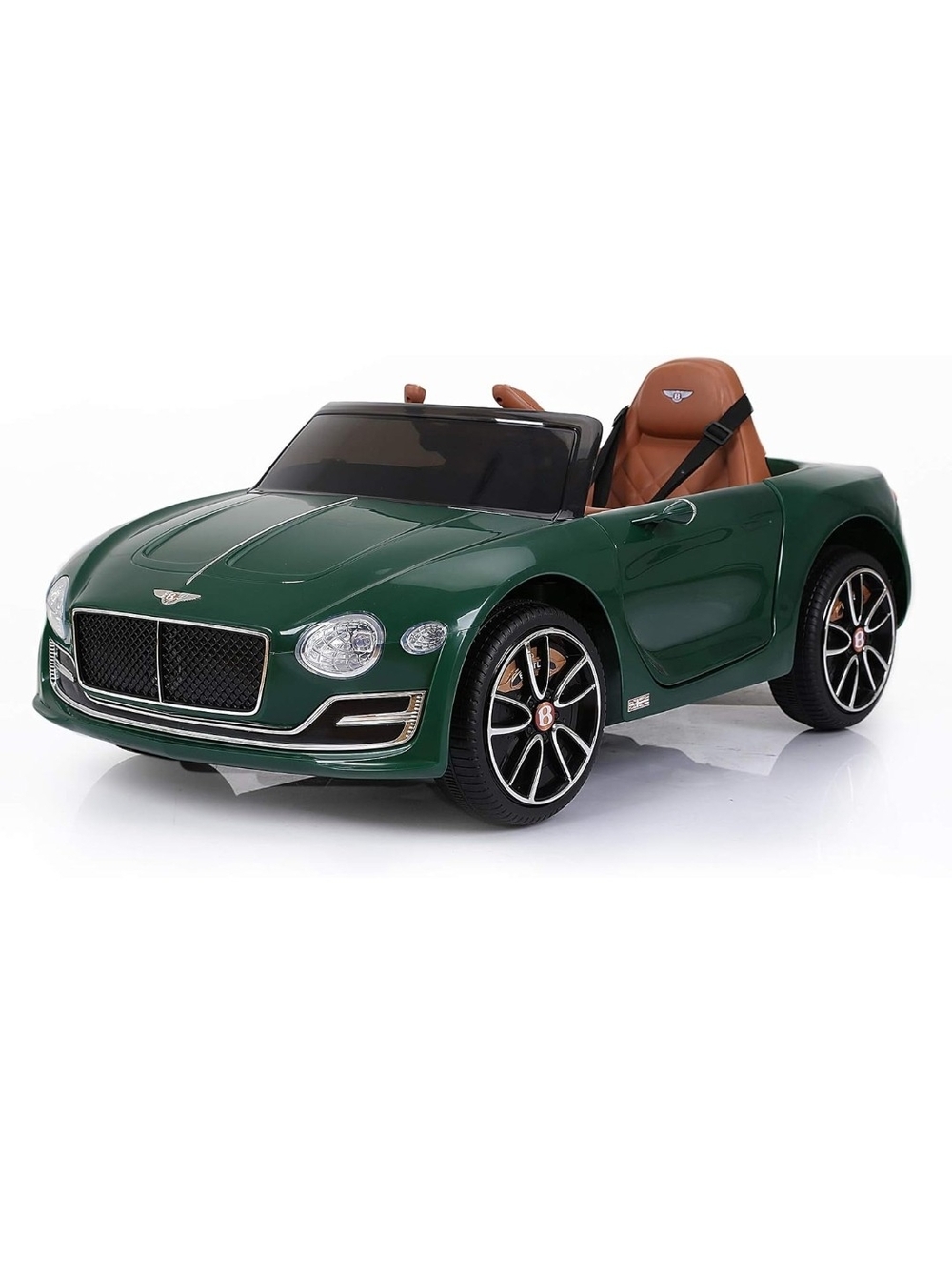 Bentley-Style Kids Ride-On Car in Green with Brown Seat